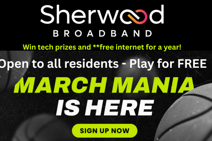 Promotional graphic for Sherwood Broadband’s March Mania event, offering free internet for a year and tech prizes; features basketball imagery and a sign-up button.