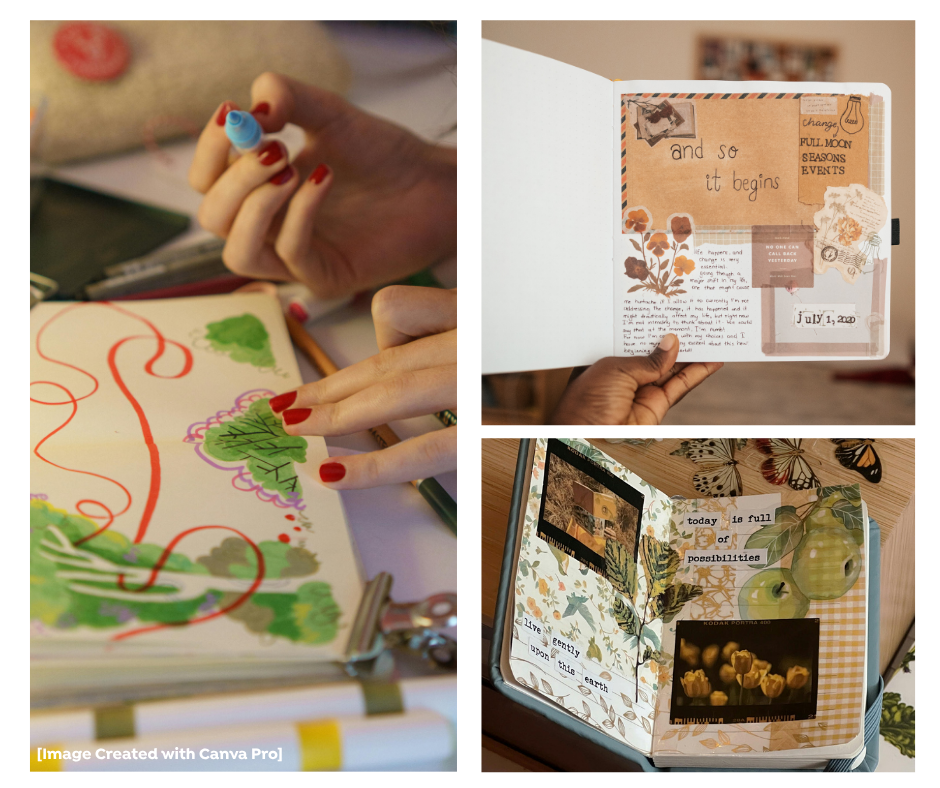 Three images show hands drawing in a sketchbook, a hand holding an open scrapbook with floral designs, and an open scrapbook with photos, text, and flower decorations.