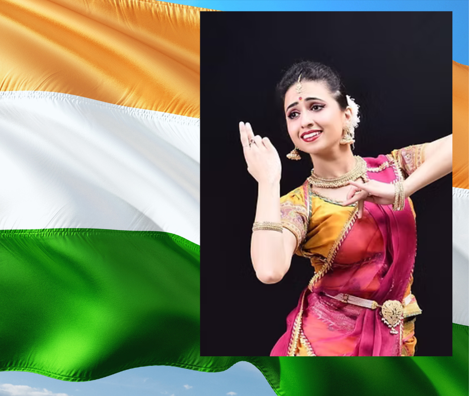 A woman in traditional Indian dance attire poses against a black background, with the Indian flag visible behind her.