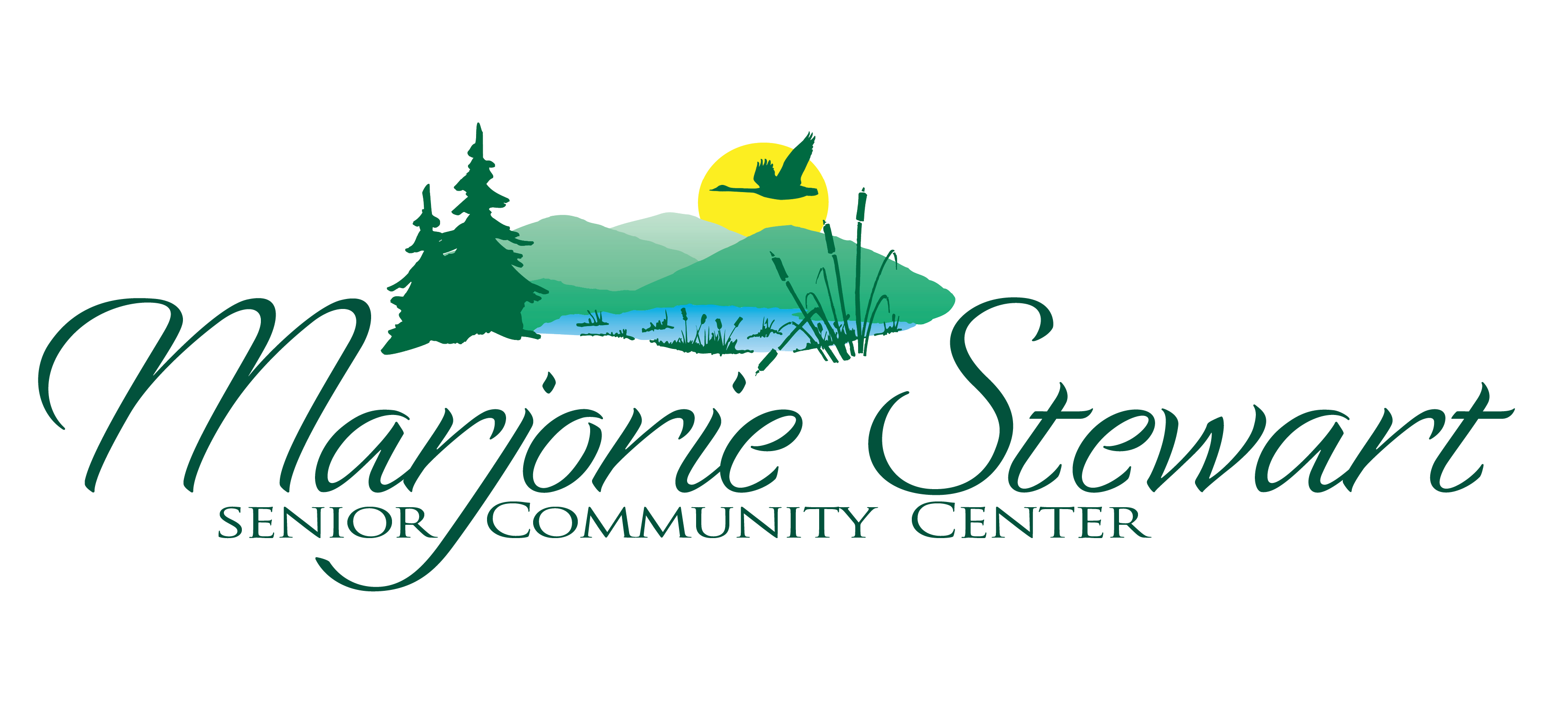 Logo for Marjorie Stewart Senior Community Center with trees, mountains, water, reeds, a flying bird, and a yellow sun in the background.