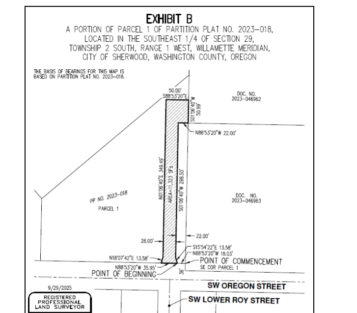 A survey map showing a portion of Parcel 1 in Sherwood, Oregon, with labeled boundary lines, dimensions, and street names SW Oregon Street and SW Lower Roy Street.