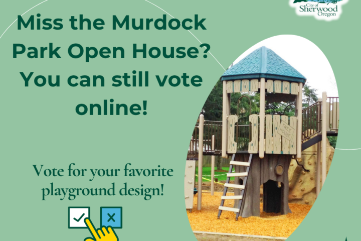A playground structure with a slide and climbing wall is shown. Text encourages online voting for a favorite playground design in Sherwood, Oregon.