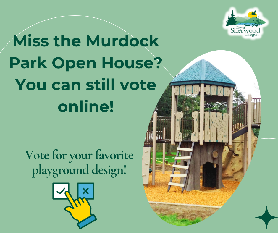 A playground structure with a slide and climbing wall is shown. Text encourages online voting for a favorite playground design in Sherwood, Oregon.