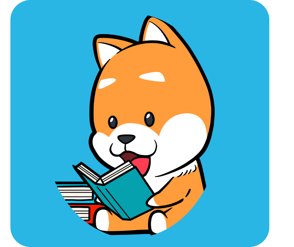 Cartoon orange and white dog sitting and reading a book, with a stack of books beside it, on a blue background.