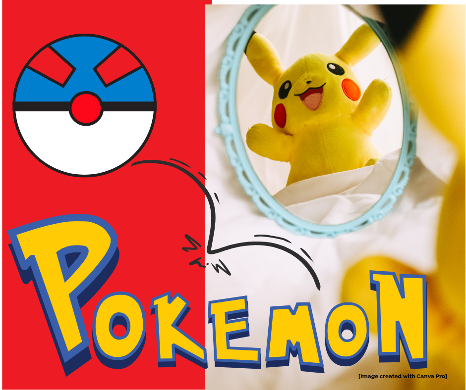 A Pikachu plush toy is reflected in a mirror, next to a graphic of the Pokémon logo and a stylized Poké Ball on a red background.