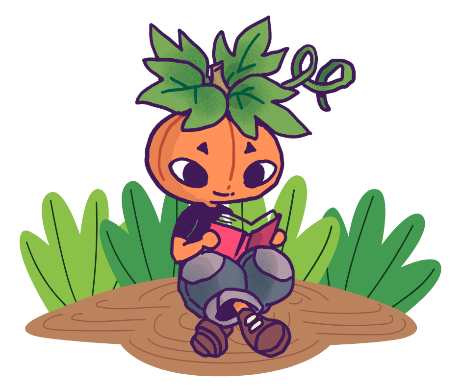 Illustration of a character with an orange fruit head and leaf hair, sitting on the ground and reading a book, surrounded by green plants.