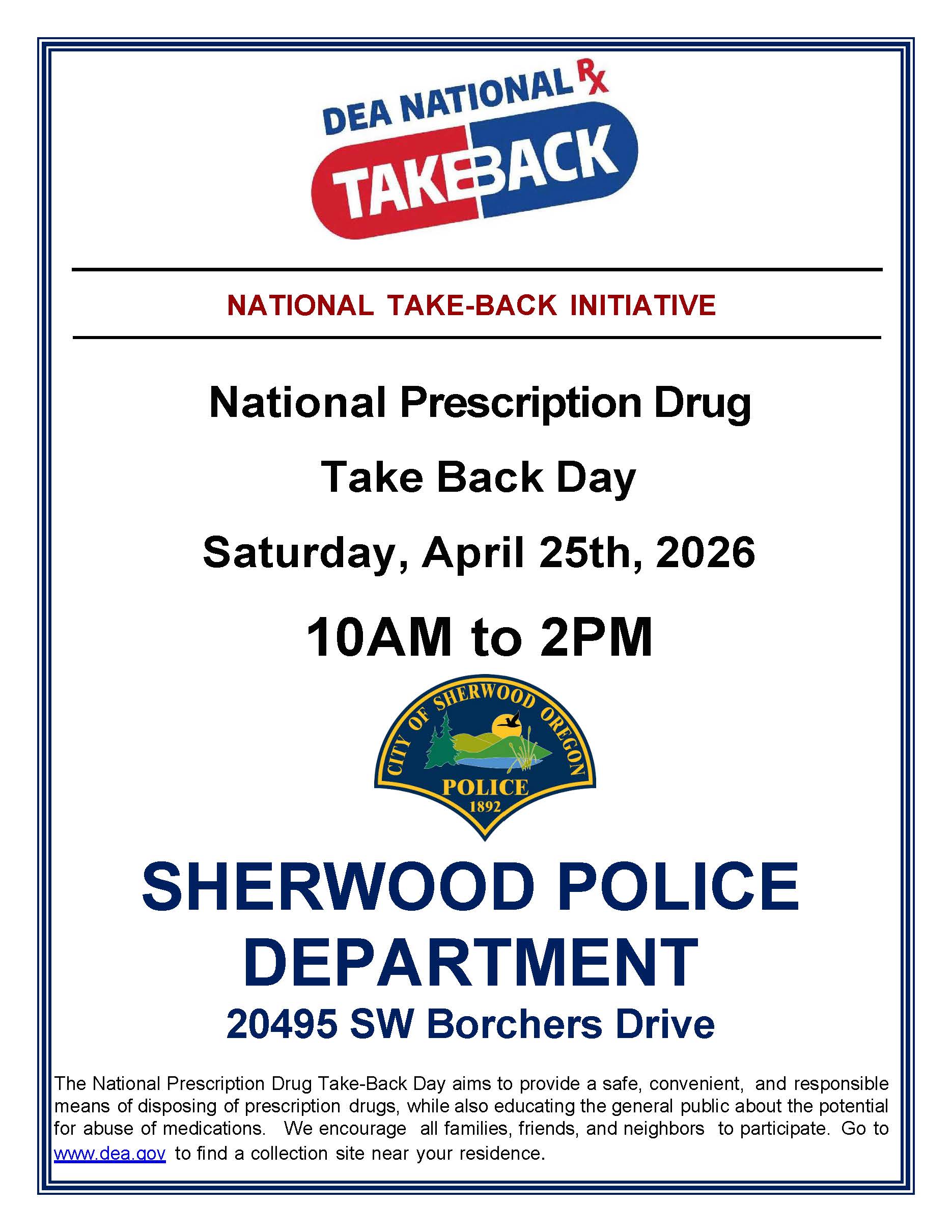 Flyer for DEA National Prescription Drug Take Back Day on April 25, 2026, 10AM–2PM at Sherwood Police Department, 20495 SW Borchers Drive.