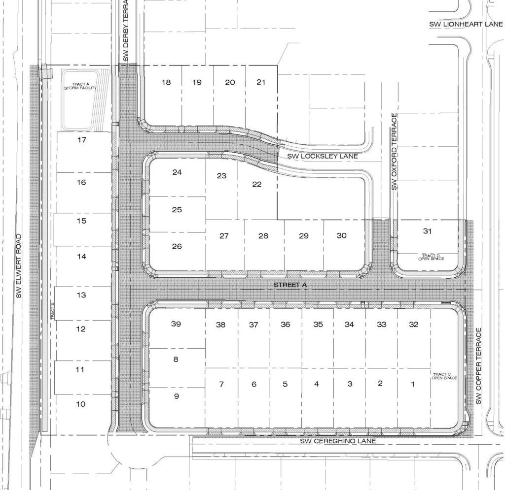 Black and white site plan showing numbered lots, roads, and labeled streets including SW Everett Road, SW Locksley Lane, and SW Cooper Terrace.