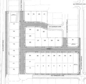 Black and white site plan showing numbered lots, roads, and labeled streets including SW Everett Road, SW Locksley Lane, and SW Cooper Terrace.