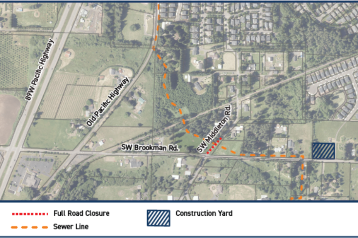 A map shows SW Brookman Rd. and SW Madrona Rd. with a dashed orange line marking a sewer line, a solid red line for a full road closure, and a striped box for a construction yard.