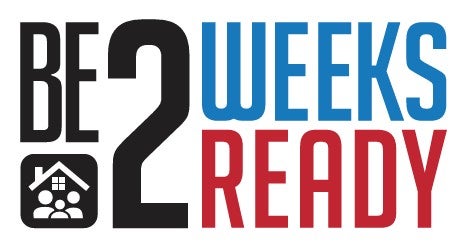 Logo with text "Be 2 Weeks Ready" in black, blue, and red, with an icon of a house and family under the word "BE.