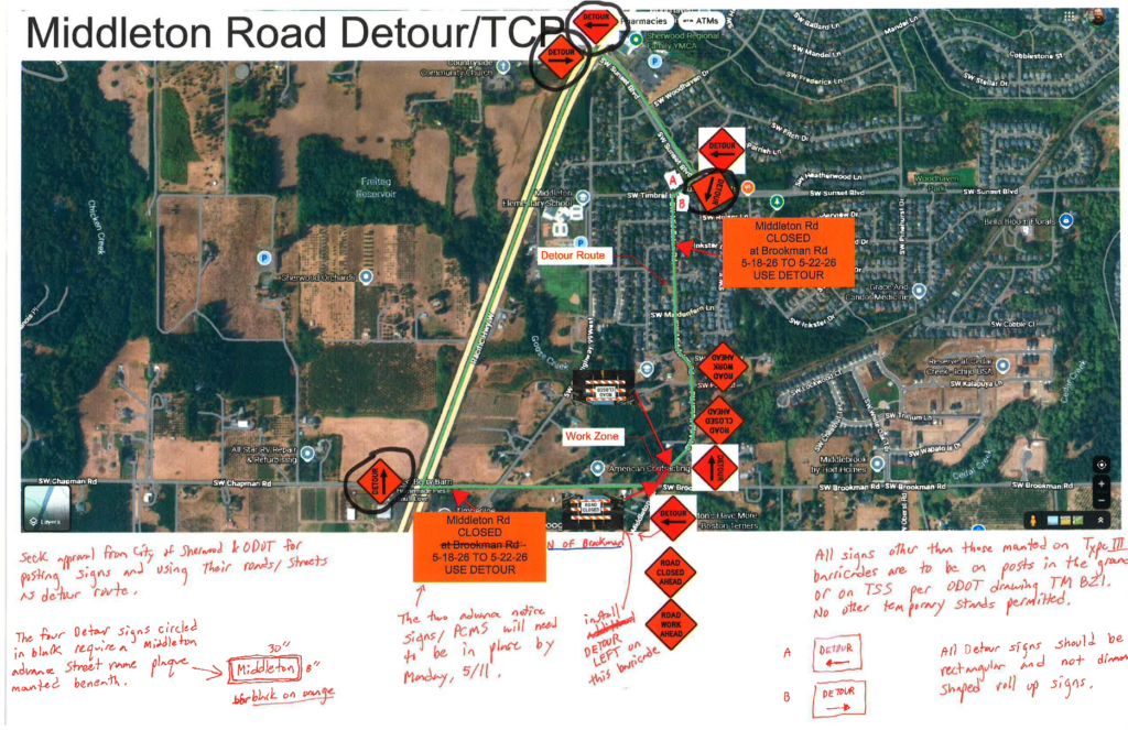 Aerial map showing Middleton Road detour route with marked road closure, work zone, detour signs, and handwritten notes detailing traffic changes and sign locations.