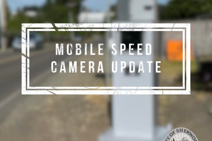 A mobile speed camera is positioned beside a road with a 25 mph speed limit sign; text overlay reads 