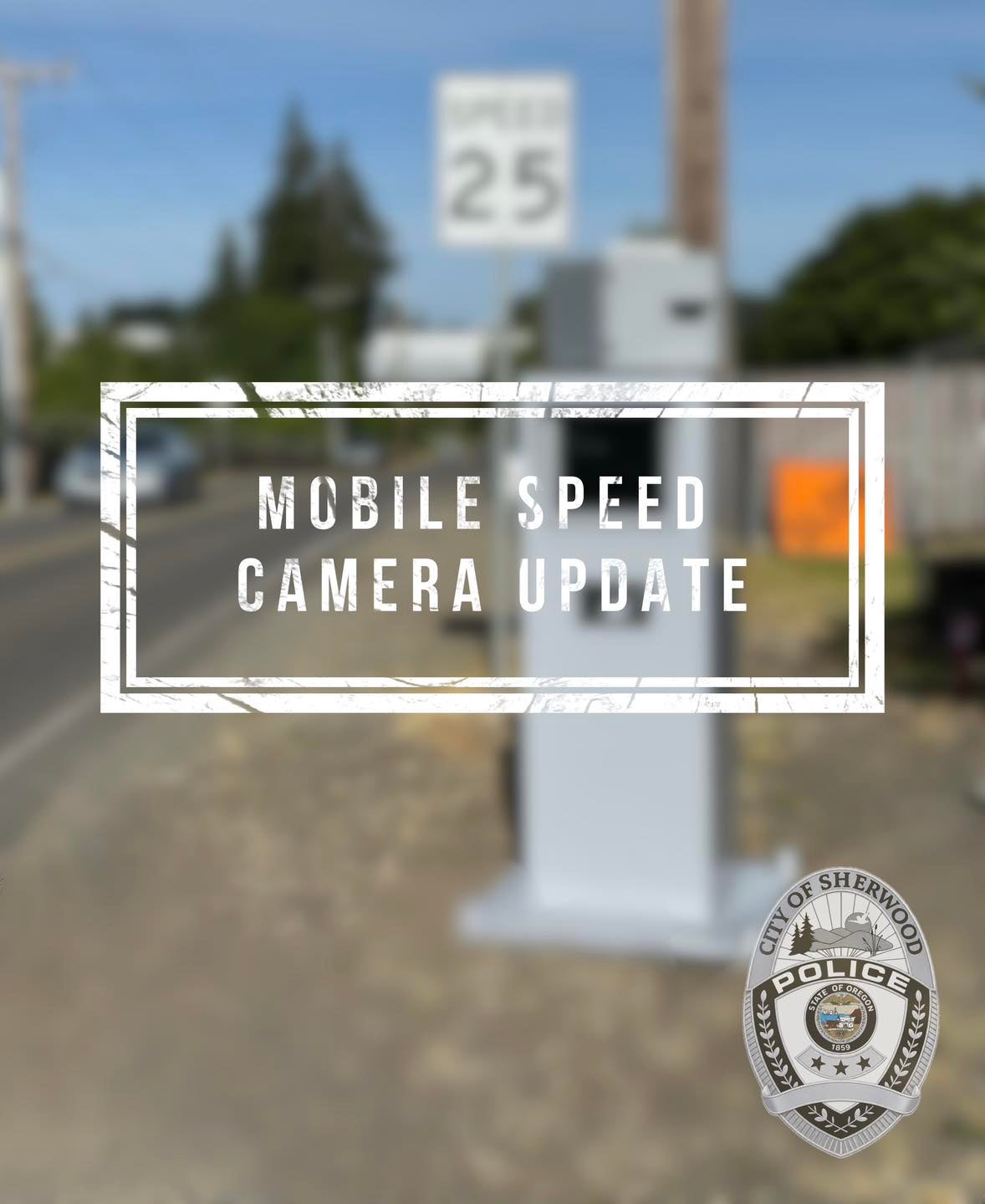 A mobile speed camera is positioned beside a road with a 25 mph speed limit sign; text overlay reads 