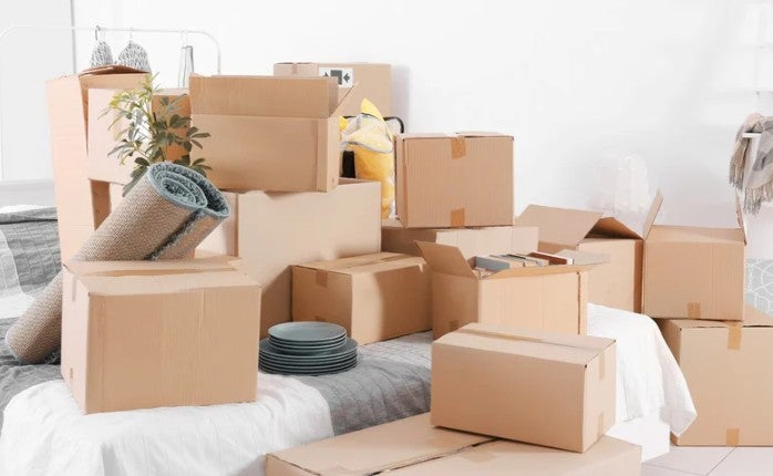 A bedroom filled with sealed and open cardboard moving boxes, a rolled-up rug, potted plant, plates, and other household items.