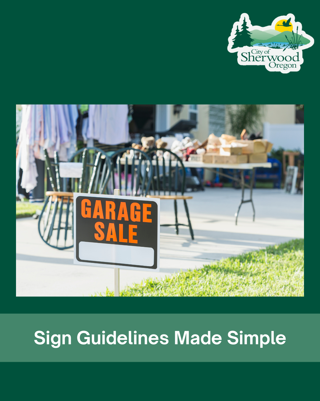 A garage sale sign is displayed on a lawn with items and tables in the background; City of Sherwood, Oregon logo appears at the top.