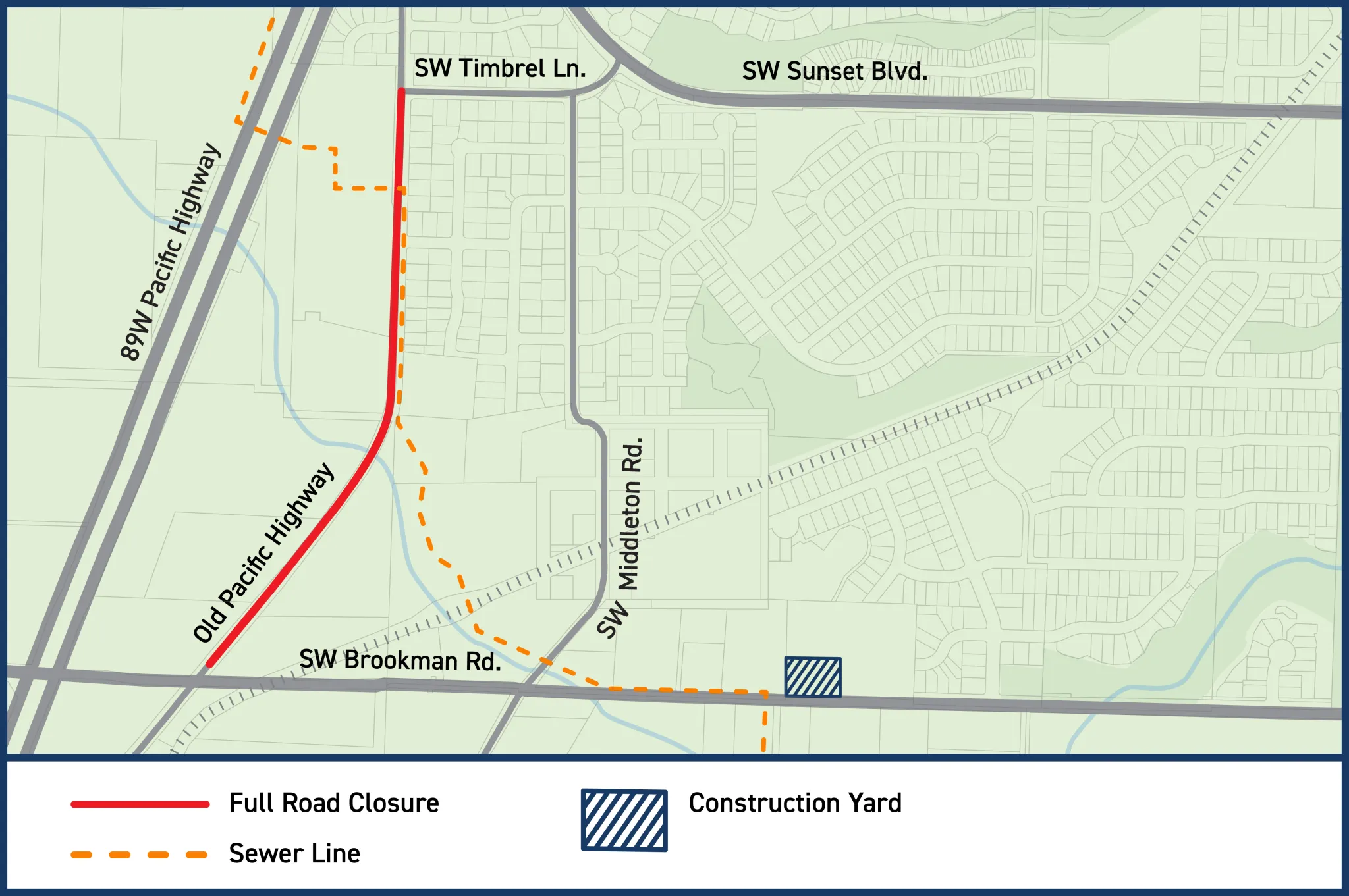 Map showing a full road closure on Old Pacific Highway, a marked sewer line path, and a construction yard near SW Brookman Rd. Key roads and affected areas are labeled.