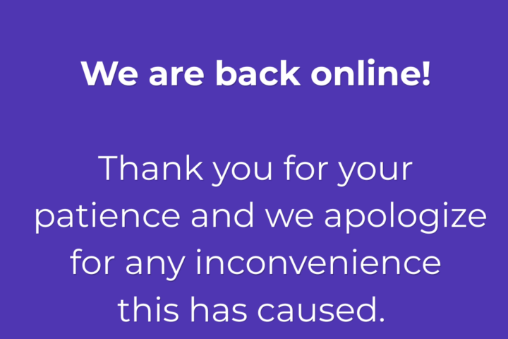 A Sherwood Broadband notice announces service is back online and apologizes for any inconvenience caused, thanking customers for their patience.