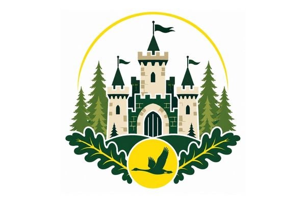Illustration of a castle with three towers, surrounded by pine trees, a sun, oak leaves, and a flying bird in the foreground.