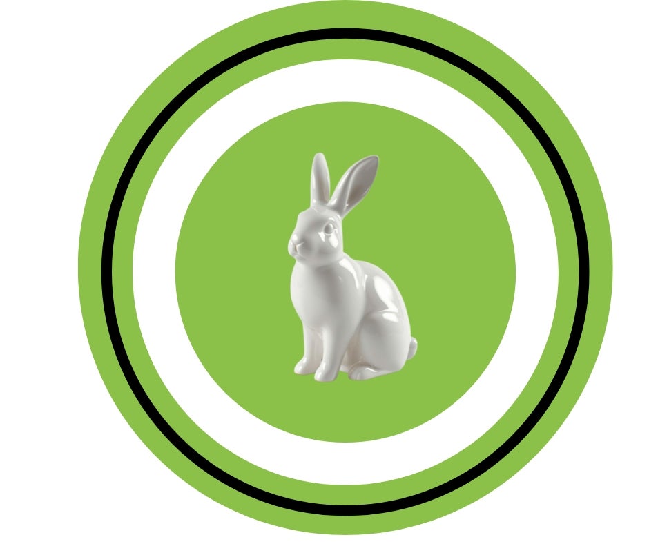 A white ceramic rabbit sits at the center of green and white concentric circles with a black outline.