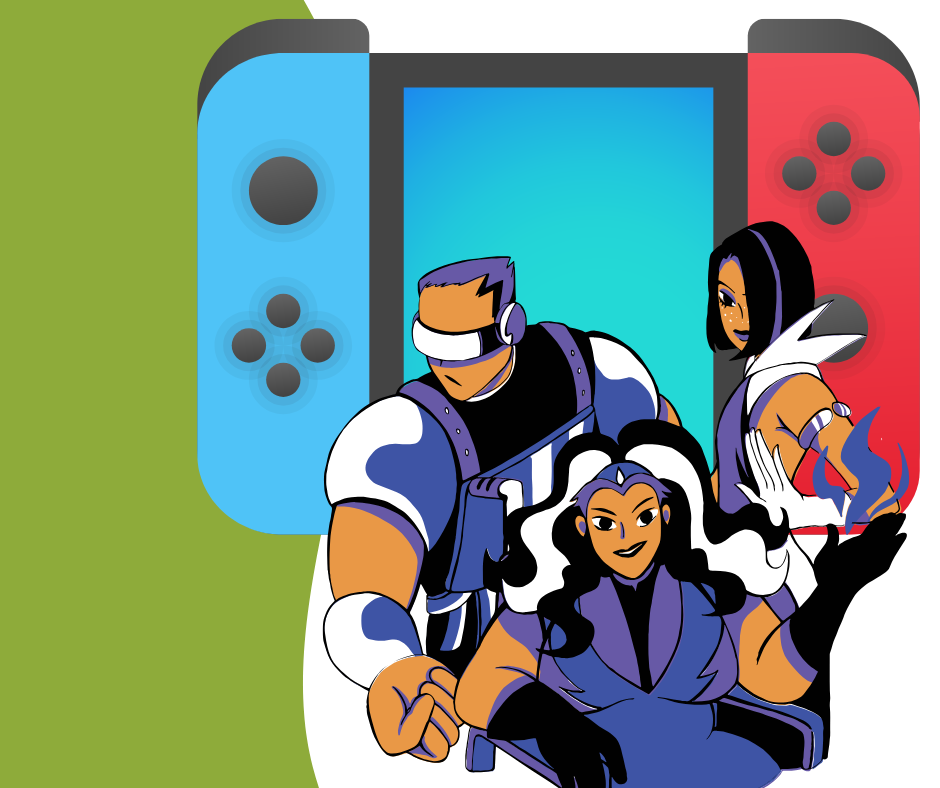 Three animated characters pose in front of a large device resembling a Nintendo Switch with blue and red controllers. The characters wear futuristic outfits in blue, white, and purple tones.