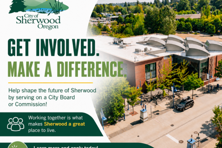 Aerial view of Sherwood, Oregon municipal buildings with text encouraging people to join city boards or commissions to help make a difference.