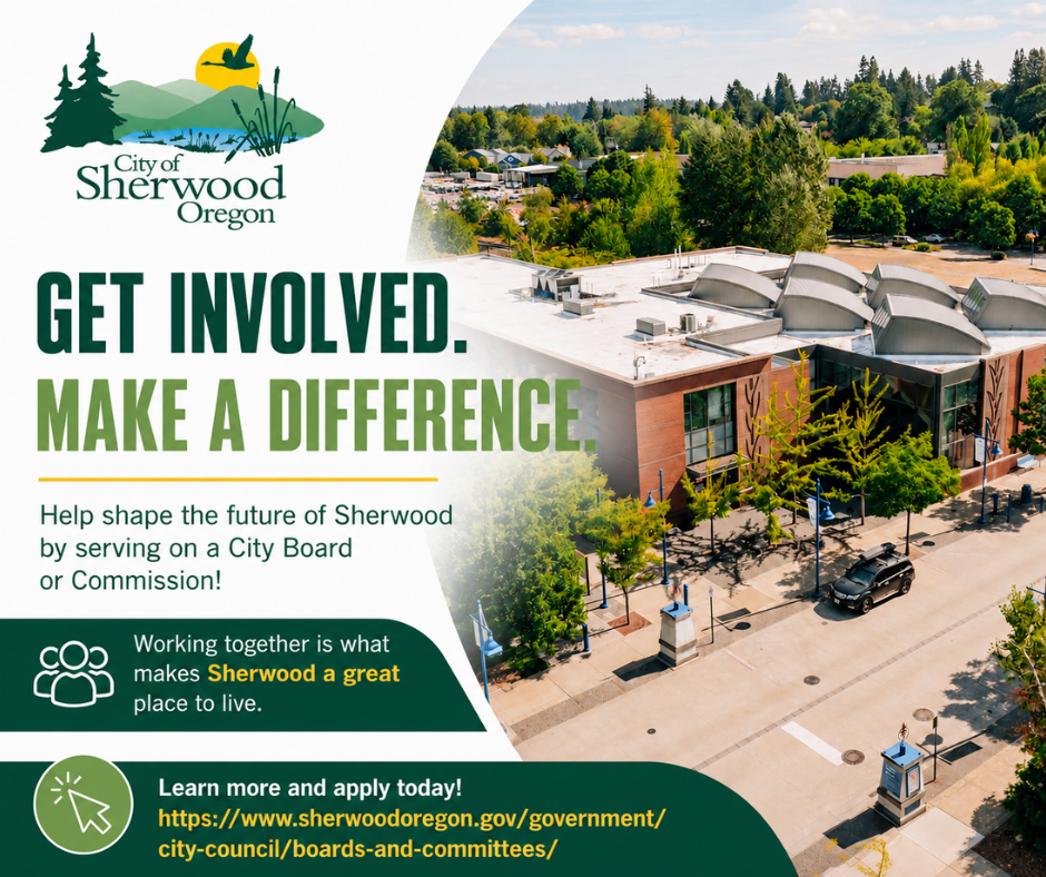 Aerial view of Sherwood, Oregon municipal buildings with text encouraging people to join city boards or commissions to help make a difference.