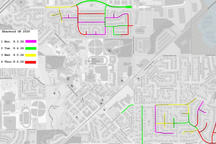 Map of Sherwood, OR labeled with colored routes for a four-day event; each day is marked by different colors: green, pink, purple, yellow, orange, and red on various streets.