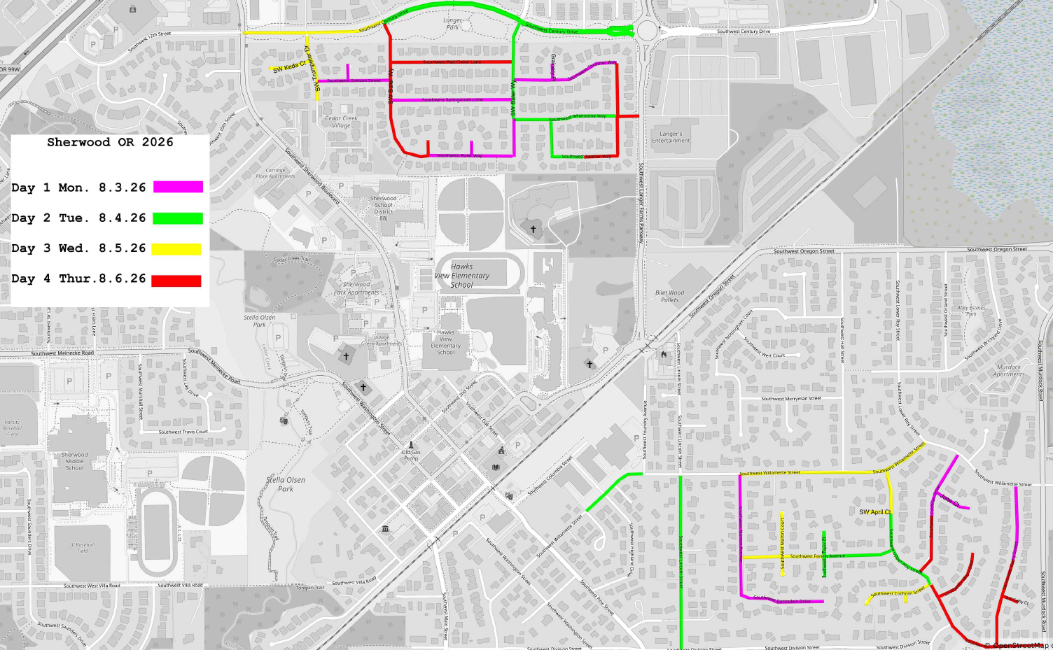 Map of Sherwood, OR labeled with colored routes for a four-day event; each day is marked by different colors: green, pink, purple, yellow, orange, and red on various streets.
