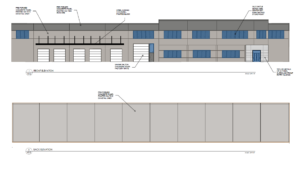 Architectural elevation drawing showing the front and back views of a commercial building with labeled features including doors, windows, and exterior finishes.