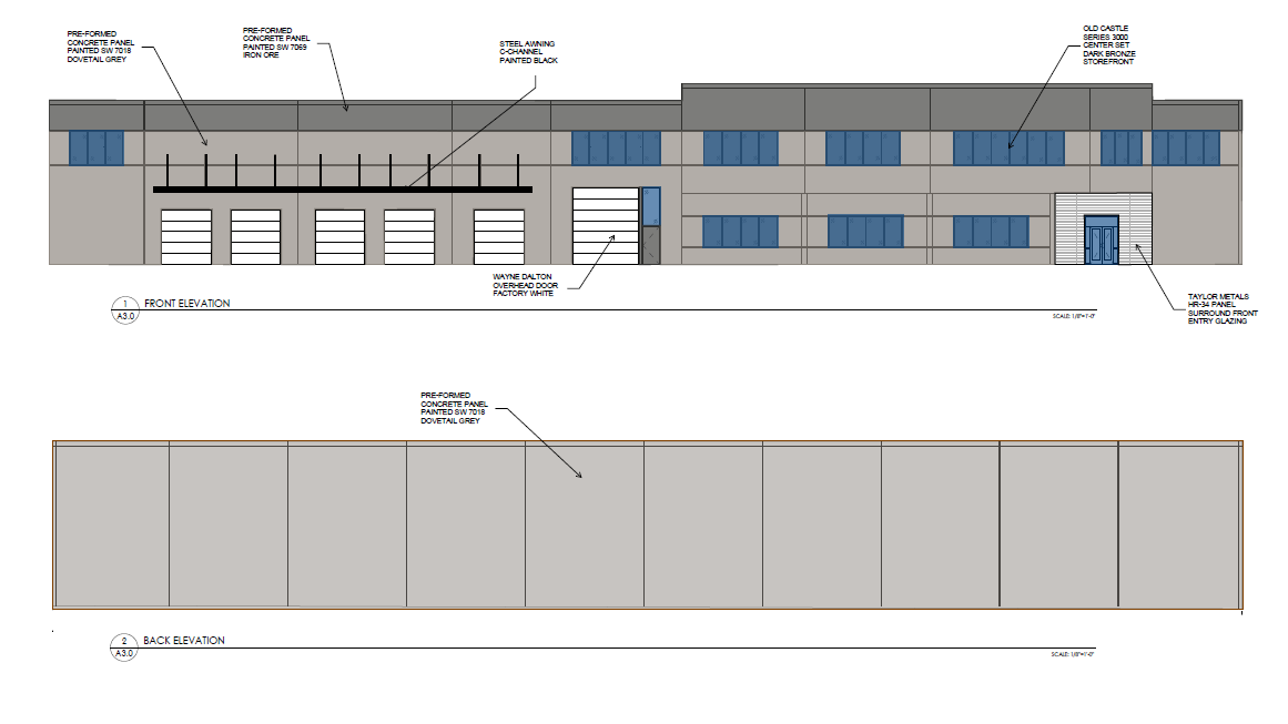 Architectural elevation drawing showing the front and back views of a commercial building with labeled features including doors, windows, and exterior finishes.