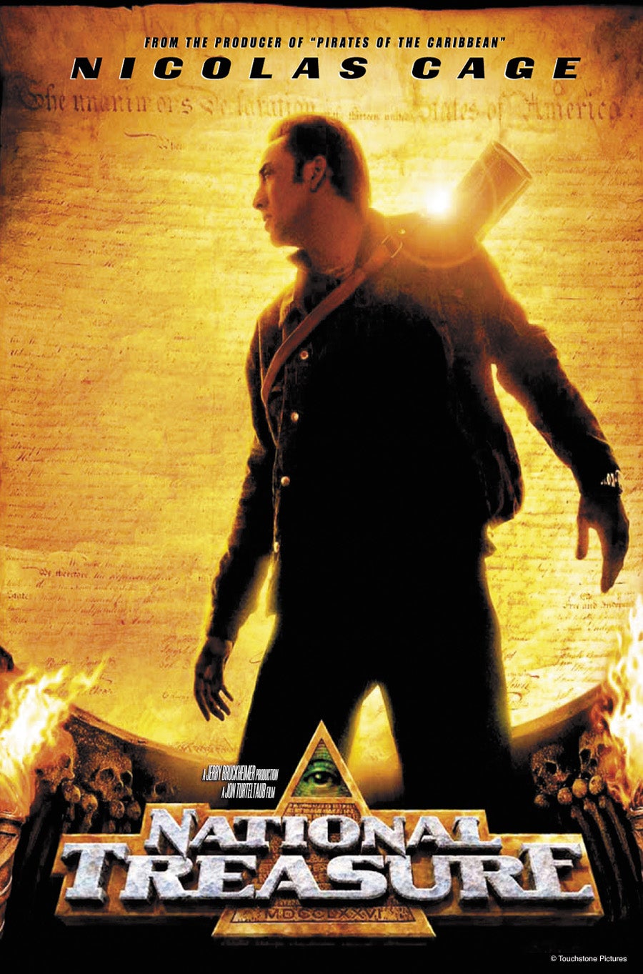 Movie poster for "National Treasure" showing a man with a satchel standing in front of a golden background with text and symbols, title and credits at the bottom.