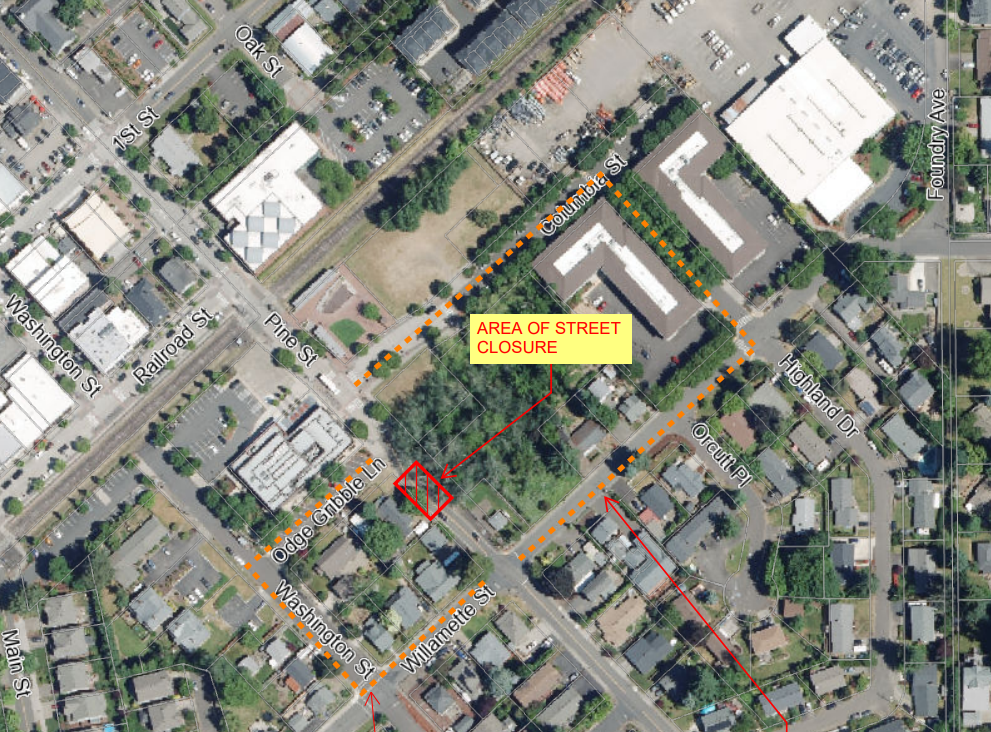 Aerial map showing a highlighted area labeled “Area of Street Closure” at Columbia St and Highland Dr, with dotted orange lines marking the closure boundaries.