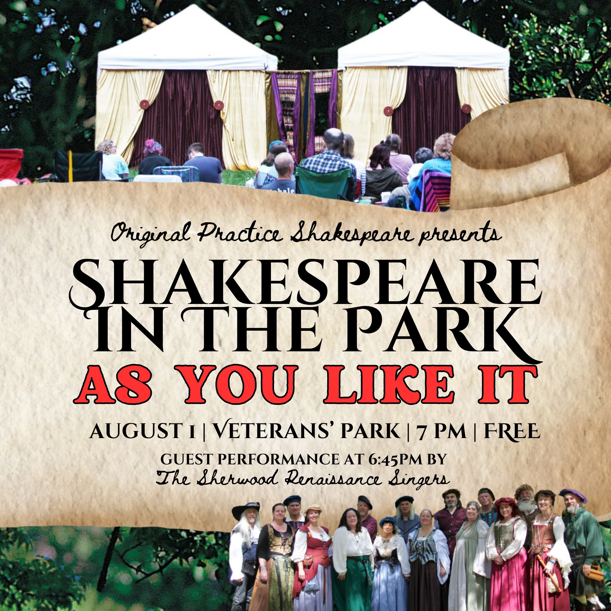 Outdoor Shakespeare in the Park event poster for "As You Like It" at Veterans’ Park, August, 7 PM, free, featuring a guest performance by the Sherwood Renaissance Singers.