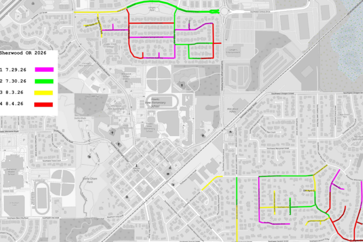 A map of Sherwood, OR with colored lines highlighting different street sections, labeled by day and color for a 2026 event.
