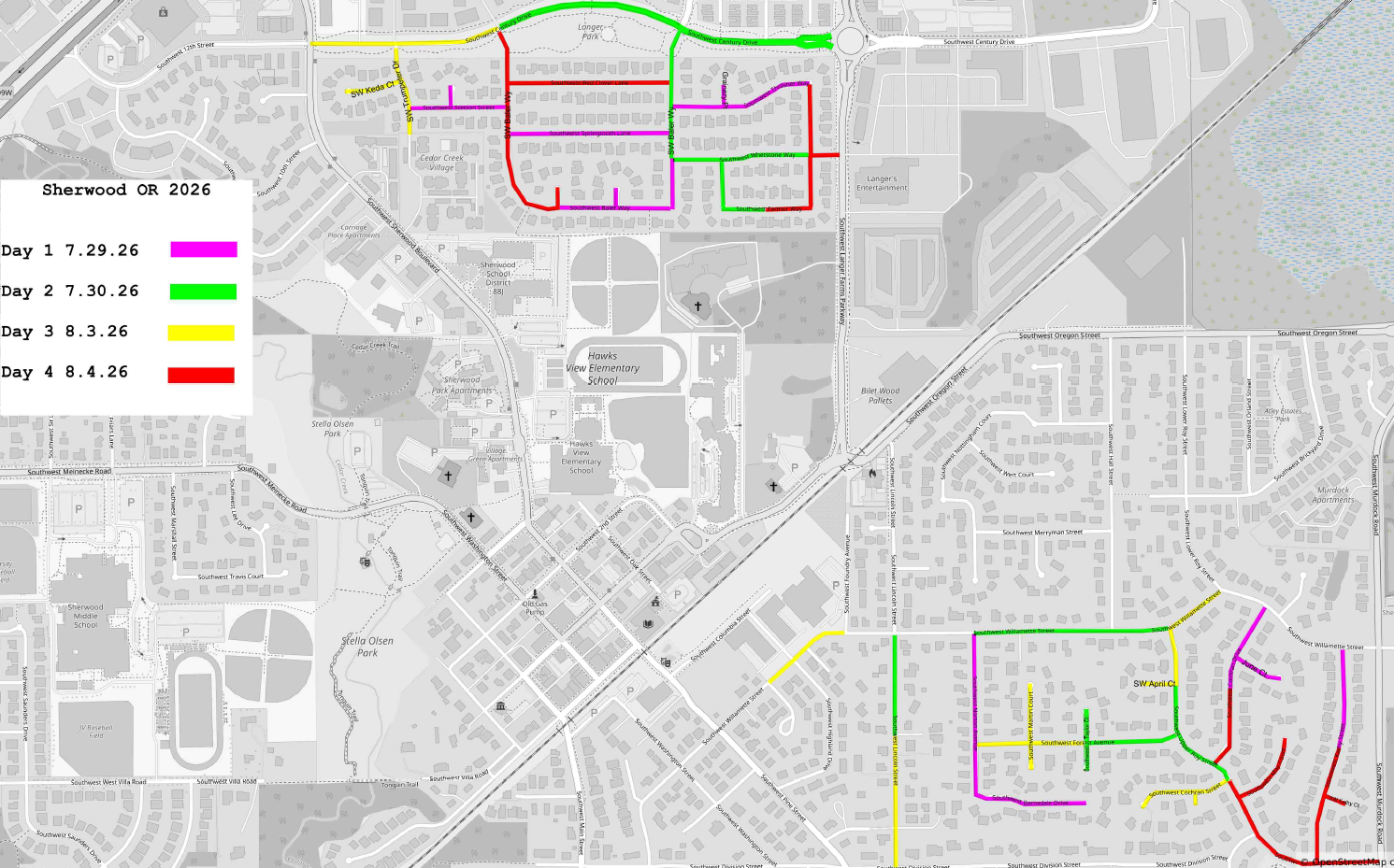 A map of Sherwood, OR with colored lines highlighting different street sections, labeled by day and color for a 2026 event.