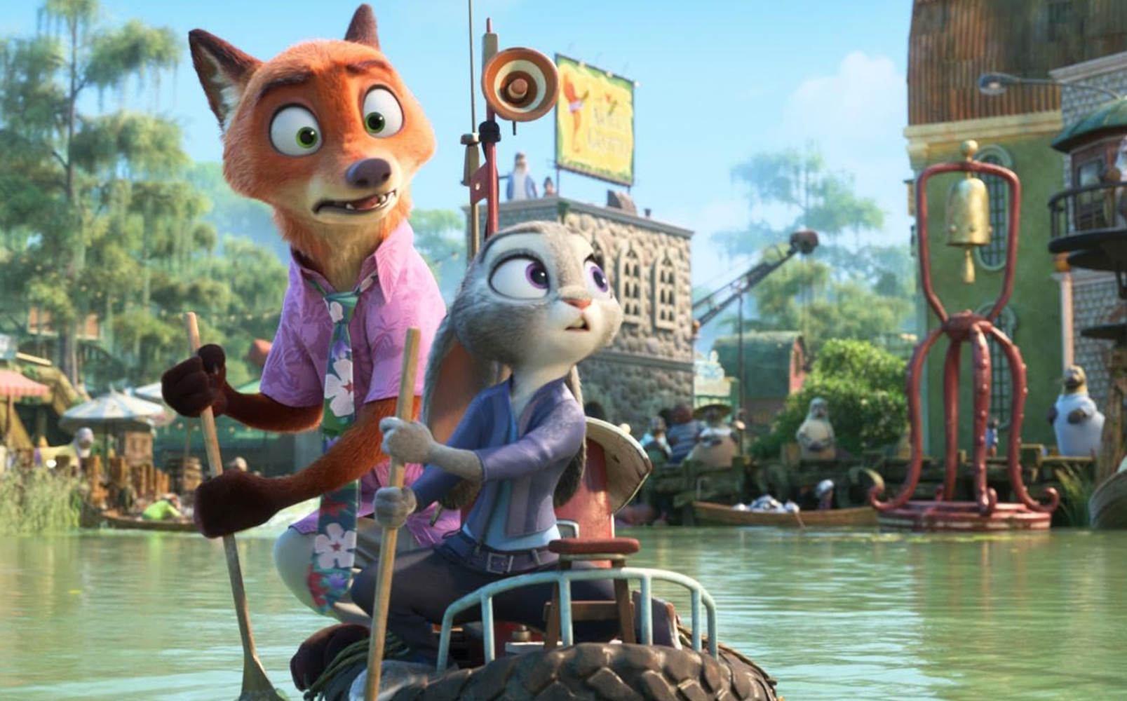 A fox and a rabbit paddle a small boat made of a tire across a green river in an animated city scene.