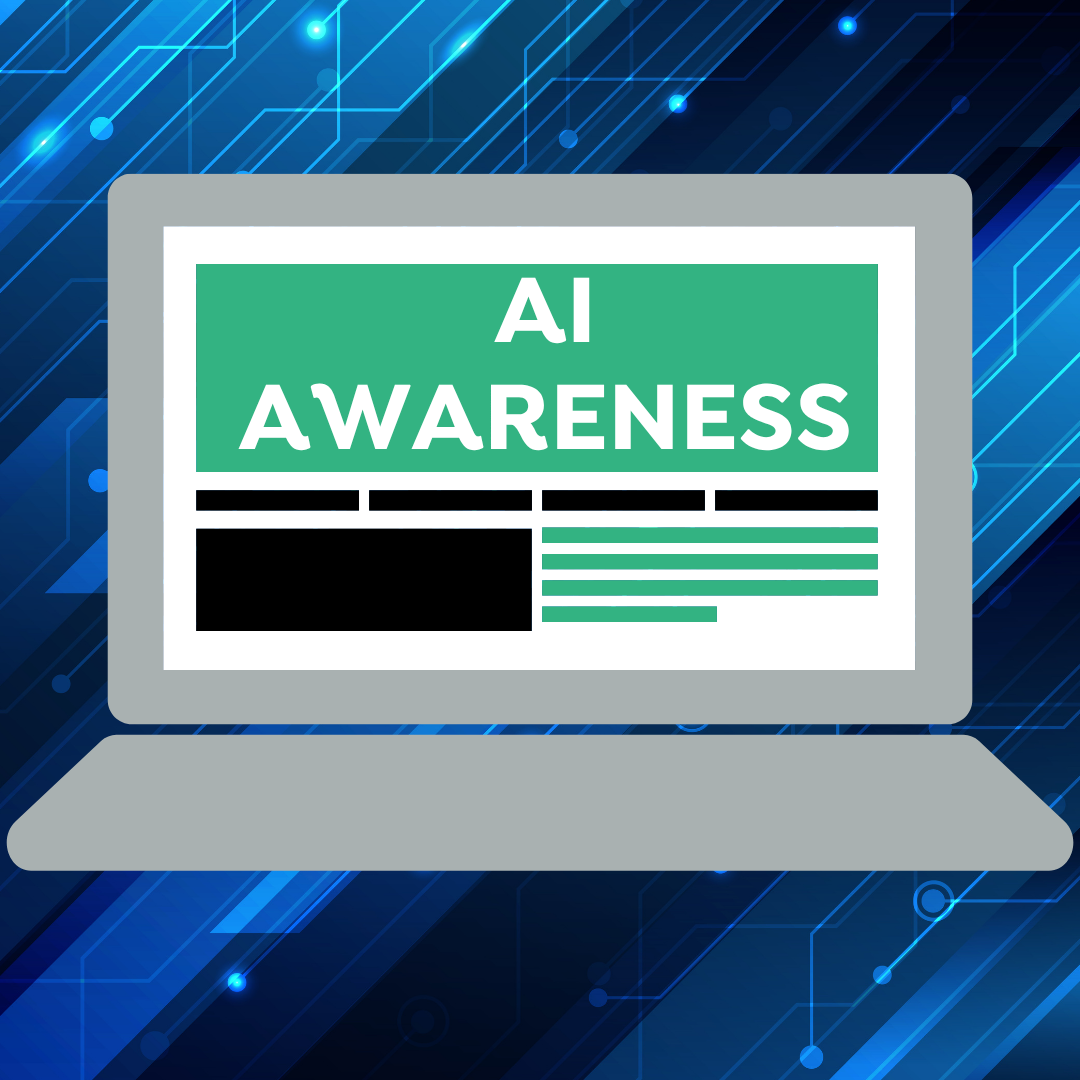 A laptop displays a screen with the text “AI Awareness” against a digital blue circuit board background.