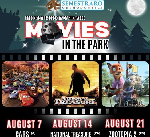 Movies in the Park event poster lists showings: Cars on August 7, National Treasure on August 14, and Zootopia 2 on August 21, with sponsor and film images.