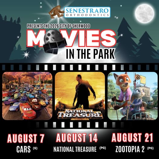 Movies in the Park event poster lists showings: Cars on August 7, National Treasure on August 14, and Zootopia 2 on August 21, with sponsor and film images.
