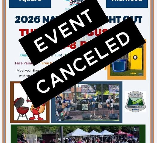 Flyer for the 2026 National Night Out in Old Town Sherwood with “EVENT CANCELED” in bold text covering the main content.