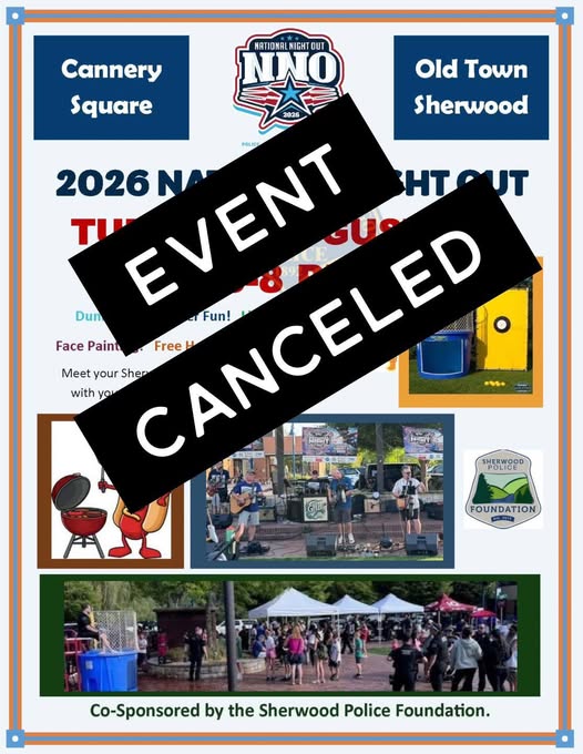 Flyer for the 2026 National Night Out in Old Town Sherwood with “EVENT CANCELED” in bold text covering the main content.