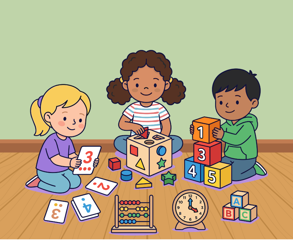 Three children sit on the floor playing with educational toys, including number cards, blocks, an abacus, a clock, and a shape sorter.