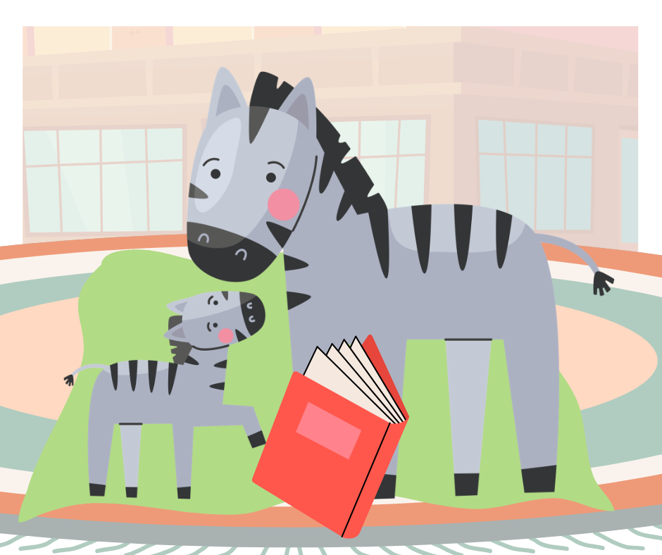 Two cartoon zebras stand together on a rug, one larger and one smaller, with a red book open in front of them in an indoor setting.