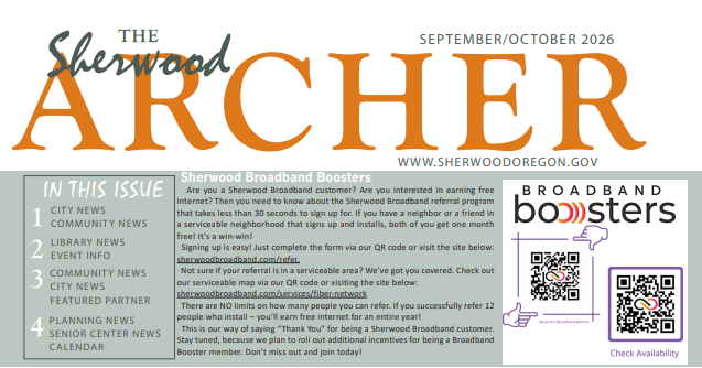Newsletter front page titled “The Sherwood Archer,” September/October 2026 issue, featuring Sherwood Broadband Boosters info, QR codes, and a list of newsletter sections on the left.