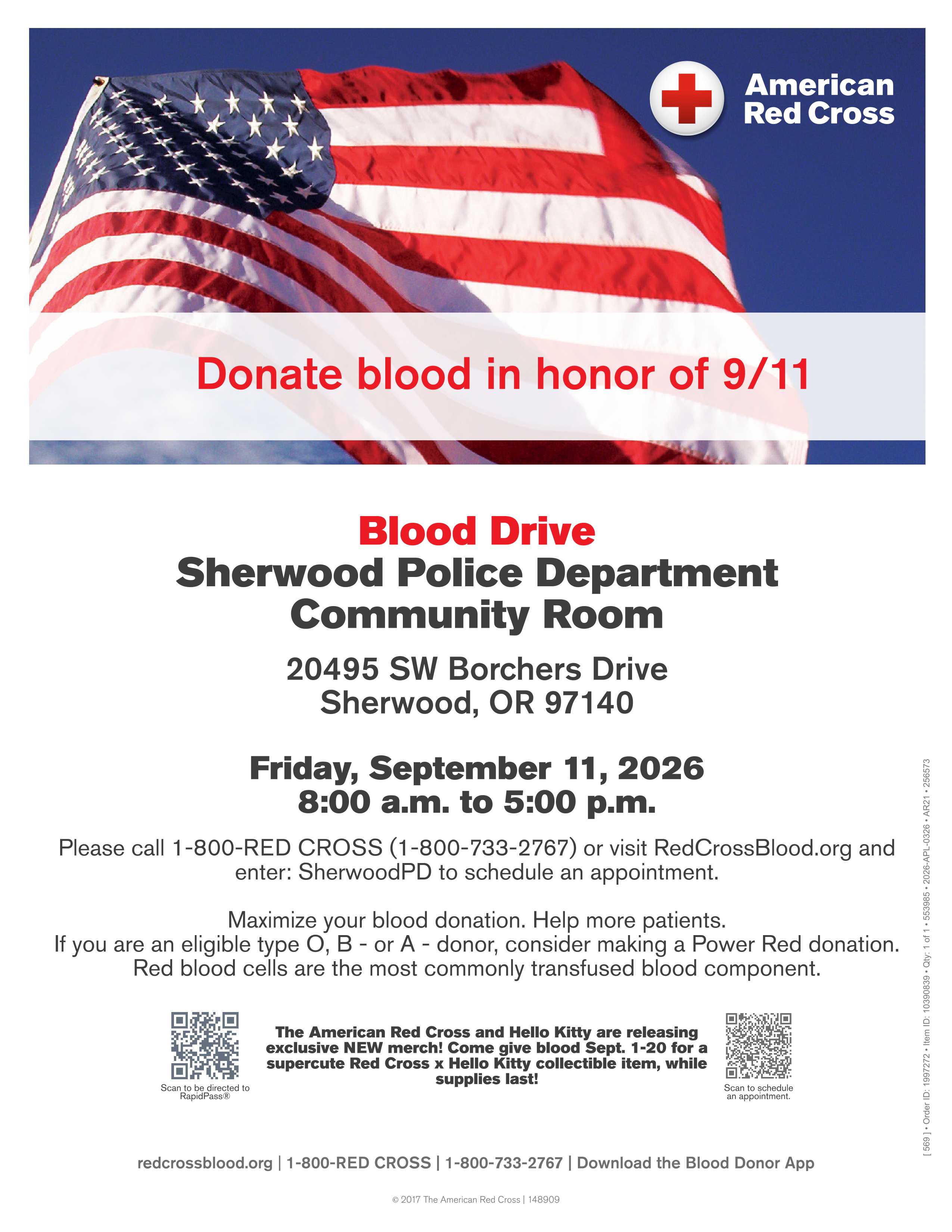 American Red Cross blood drive poster for 9/11 at Sherwood Police Department, Sherwood, OR, on September 11, 2026, from 8 a.m. to 5 p.m., with donation details and contact information.