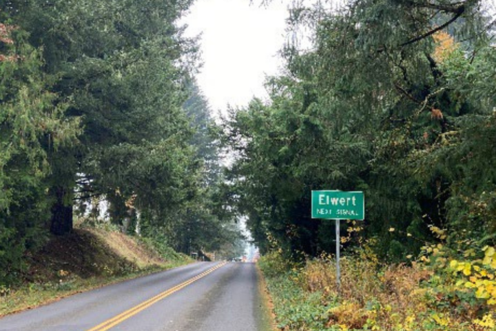 A two-lane road lined with trees, with a green “Elwert” sign on the right. A graphic overlay advertises an online open house for the Elwert Road and Edy Road Realignment Feasibility Study.