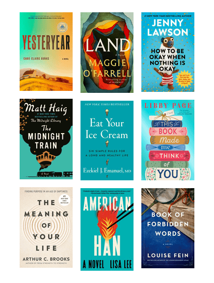 Nine book covers are arranged in a 3x3 grid, including titles like “Yesteryear,” “Land,” “How to Be Okay When You’re Not Okay,” and “The Meaning of Your Life.”.