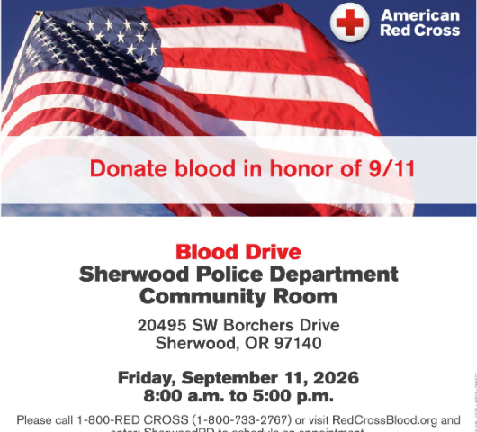 American Red Cross blood drive flyer featuring a U.S. flag, event details, and a call to donate blood in honor of 9/11.
