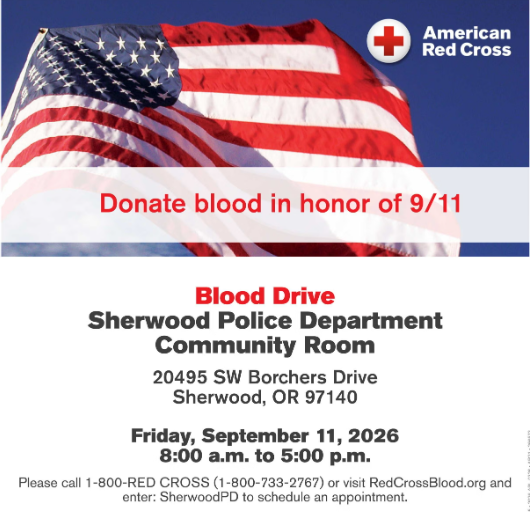 American Red Cross blood drive flyer featuring a U.S. flag, event details, and a call to donate blood in honor of 9/11.